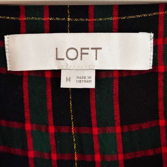 LOFT Shimmer Plaid Shirred V-neck Blouse, 3/4 Sleeves Holiday Christmas Top - Picture 5 of 12